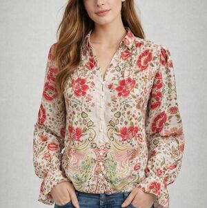 Rose + Olive Blouse Sz 2X Silky Garden Floral Button Front  Feminine